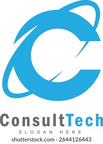 Letter C logo design, with a modern curved design and decorated by two elliptical shapes surrounding it, resembling an orbit or network, template design
