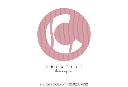 Diseño del logotipo de la letra C en un círculo de fondo de patrón rosa. Diseño de ilustración vectorial creativa con rayas, líneas de zag en zig y efecto 3D.