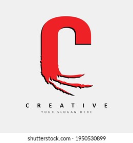Letter C Logo Design With Red Claw Scratch Vector Illustration