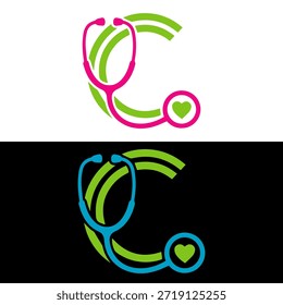 Diseño del logotipo de la letra C con la letra C del estetoscopio y el icono del plus.