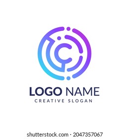 Letter C logo design template, Technology abstract dot connection cross vector logo icon circle logotype..
