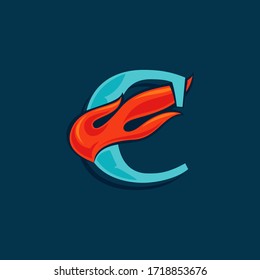 Letter C logo with fast speed fire. Vintage serif font with line shadow. Vector icon perfect for sportswear labels, race posters, victory identity, etc.