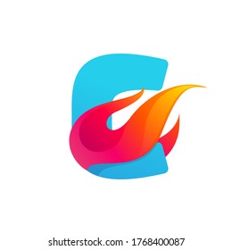 Letter C logo with fast speed fire. Vector icon perfect to use in sportswear labels, race posters, danger identity, etc.