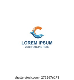 Letter C logo featuring an ocean wave and sunset or sun symbol, using blue and orange colors, suitable for travel or tropical business.