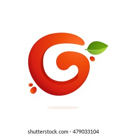 Letter C logo in fresh juice splash with green leaves. Vector elements for natural application, ecology presentation, business card or cafe posters.