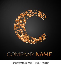 Letter C logo gold dots. Alphabet logotype with abstract golden bubbles shape on black background. Vector template for your design