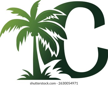 Letter C Logo Icon for Beach and Palm Tree. Perfect for Surfing, Sports, Tour and Travel shop. Initial C with ocean waves and palm tree.