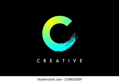 Letter C Logo Icon Design with Rounded Shape and Artistic Brush Stroke Ending. Letter c in Green Blue Electric Vibrant Color Vector Illustration.