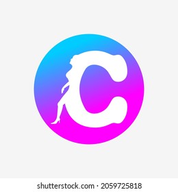 letter c logo, letter icon and walking woman in blue pink dots. creative logo icon