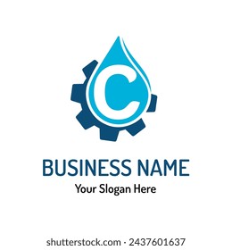Letter C Logo Idea for Water Repair, Water Maintenance. Simple Modern Plumbing Service Logo with Water Drop and Gear