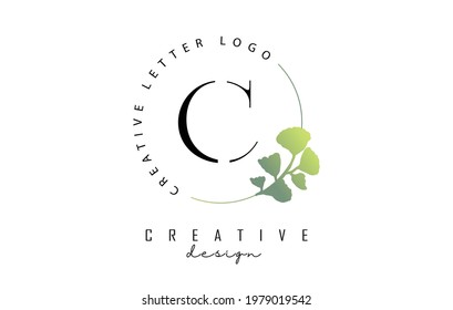 Letter C logo with lettering circle and hand drawn green leaves. Botanical element and minimal letter C. Vector illustration for natural, ecological, floral, personal or corporate branding.