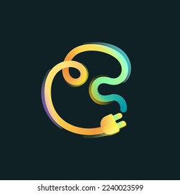 Letter C logo made of curved vivid gradient line with plug icon and rainbow shine. Overlapping multicolor emblem. Ideal for colorful electric app, eco-friendly charge design, technology advertising.