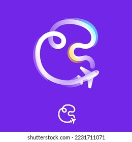 Letter C logo made of one gradient line with plane icon and rainbow shine. Overlapping multicolor emblem. Ideal for colorful travel app, delivery design, aviation advertising, flight identity.