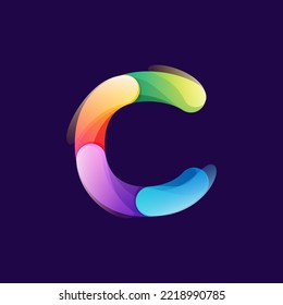 Logo de la letra C hecho de líneas coloridas superpuestas. Icono moderno de gradiente intenso arcoiris. Tipo de vectores de una línea para diseño de marca tecnológica, etiquetas de vida nocturna, afiches multimedia, identidad futurista, etc.