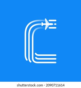 Letter C logo is made of three parallel lines with a plane icon. Vector emblem for a travel app, jet company identity, and shipping advertising.