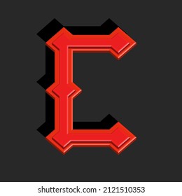 Letra C logo monograma medieval negrita 3d inicial, color naranja en el estilo gótico, estampado de símbolos agresivo faceteado y puntiagudo.
