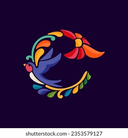 Letter C logo with Mexican colorful and ornate ethnic pattern. Traditional Aztec leaves and flowers embroidery ornament. Vector design template for folk Spanish food, holidays, carnival, and party.