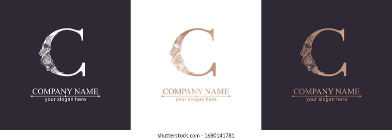 Buchstabe C Logo oder Monogramm. Für Ihr Geschäft. Vektorillustration. Blumenstil, schöne Rosen. Persönliches Logo.
