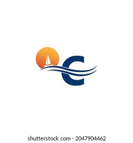 Letter C logo with ocean landscape icon template vector