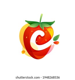 Letter C Logo On A Tasty Ripe Strawberry With Green Leaves And Juice Splashes. Vector Negative Space Icon For Fresh Farm Organic Company, Ecology Magazine, Exotic Poster, Summer Menu Cover.