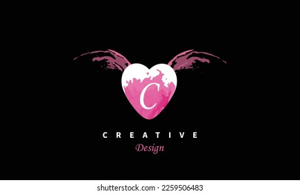 Letter C logo pink and white water color wings heart shape elegant artistic design on black background for valentine special.