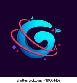 Letter C logo with planet, rocket and orbits lines. Bright vector design for science, biology, physics, chemistry company.