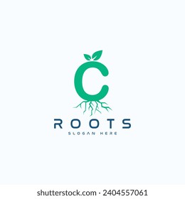 Logo de la letra C con plantilla de vectores de iconos con logotipo de raíces