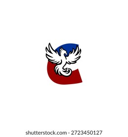 Letter C logo shaped like a rising phoenix bird. Bold vector symbol for rebirth, strength, insurance, and investment company branding