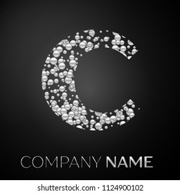 Letter C logo silver dots. Alphabet logotype with abstract silver bubbles shape on black background. Vector template for your design