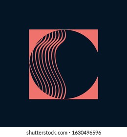 Letter C logo in a square frame.Ornamental lines typography lettering sign.Uppercase alphabet initial icon isolated on dark background.Elegant emblem style character shape.Negative space.