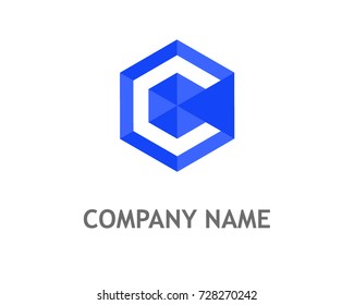 letter C logo template design on blue hexagon