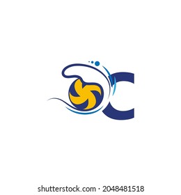Letter C logo and volleyball hit into the water waves vector