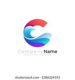 Logo de la letra C y plantilla de diseño de olas, logotipos de ondas, color azul