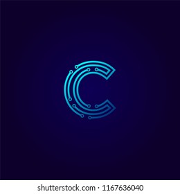 Letter C logotype Light blue neon Logo design template, Technology and digital abstract dot connection cross  vector concept logo