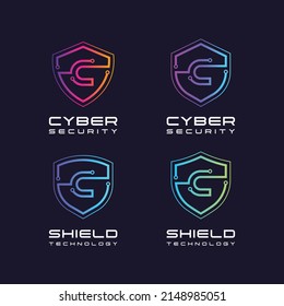 Logotipo de letra C con puntos de línea y logotipo de seguridad de ciberprotección Empresa comercial de tecnología digital