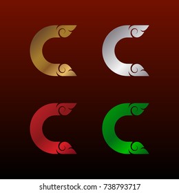 Letter C logotype with Thai art style, Metallic Glossy texture, Gold and Silver, Red and Green, Beautiful Luxury, Thai vintage Logo for your Corporate identity