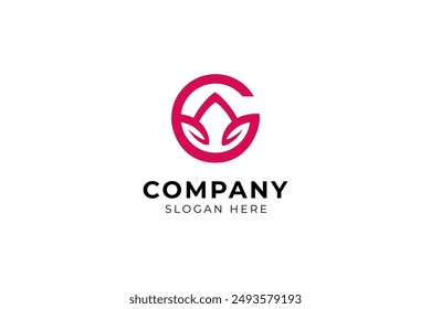 letter C with lotus flower combination in pink color flat vector design logo concept