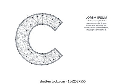 Letter C low poly design, alphabet abstract geometric image, font wireframe mesh polygonal vector illustration made from points and lines on white background
