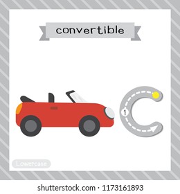 Letter C lowercase cute children colorful transportations ABC alphabet tracing flashcard of Convertible for kids learning English vocabulary and handwriting Vector Illustration.