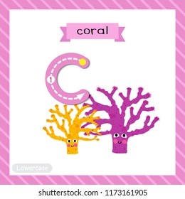 Letter C lowercase cute children colorful zoo and animals ABC alphabet tracing flashcard of Coral for kids learning English vocabulary and handwriting vector illustration.