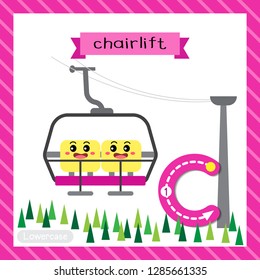 Letter C lowercase cute children colorful transportations ABC alphabet tracing flashcard of Chairlift for kids learning English vocabulary and handwriting Vector Illustration.