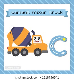 Letter C lowercase cute children colorful transportations ABC alphabet tracing flashcard of Cement Mixer Truck for kids learning English vocabulary and handwriting Vector Illustration.