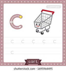 Letter C lowercase cute children colorful transportations ABC alphabet tracing practice worksheet of shopping Cart for kids learning English vocabulary and handwriting Vector Illustration.