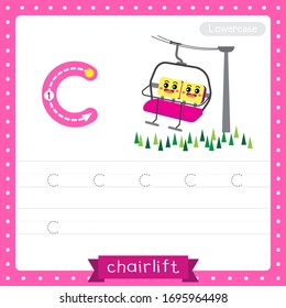 Letter C lowercase cute children colorful transportations ABC alphabet tracing practice worksheet of Chairlift for kids learning English vocabulary and handwriting Vector Illustration.