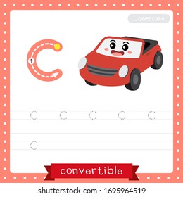 Kleinbuchstabe C süße Kinder bunte Beförderungen ABC Alphabet Ablaufpraxis Arbeitsblatt der Cabriolet für Kinder lernen Englisch Vokabular und Handschrift Vektorillustration Illustration.