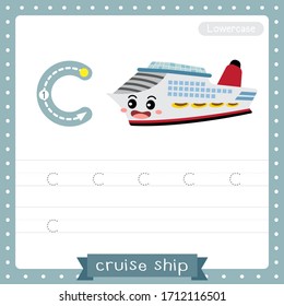 Letra C minúscula niños lindos y coloridos transportaciones de color ABC seguimiento alfabético hoja de trabajo de Cruise Ship para niños que aprenden vocabulario inglés y escritura a mano Ilustración vectorial.