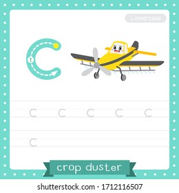 Letter C lowercase cute children colorful transportations ABC alphabet tracing practice worksheet of Crop Duster for kids learning English vocabulary and handwriting Vector Illustration.