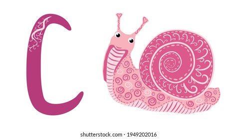 Letter C lowercase cute children colorful zoo and animals ABC alphabet tracing flashcard of Colorful Cochlea for kids learning English vocabulary and handwriting