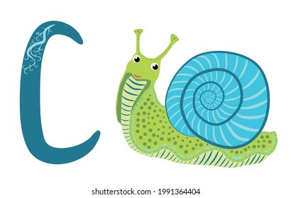 Letter C lowercase cute children colorful zoo and animals ABC alphabet tracing flashcard of Colorful Cochlea for kids learning English vocabulary and handwriting