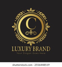 Letter C Luxury brand logo design with a royal gold crown emblem and elegant typography
